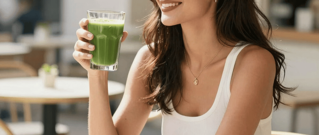 Woman drinking matcha slim tea Matcha Suri for natural weight loss results