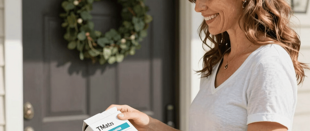 Woman getting semaglutide delivered home with TMates online prescription no insurance needed