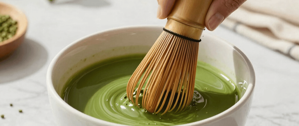 Preparing Matcha Suri green tea drink mix for natural antioxidant detox