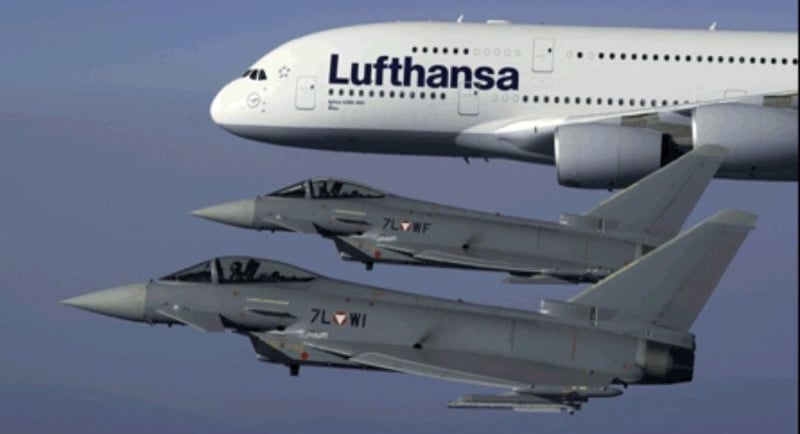 An airbus and a fighter jet