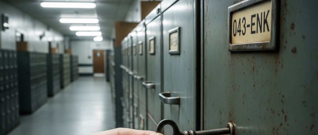 a person holding a keychaik in a filing cabinet