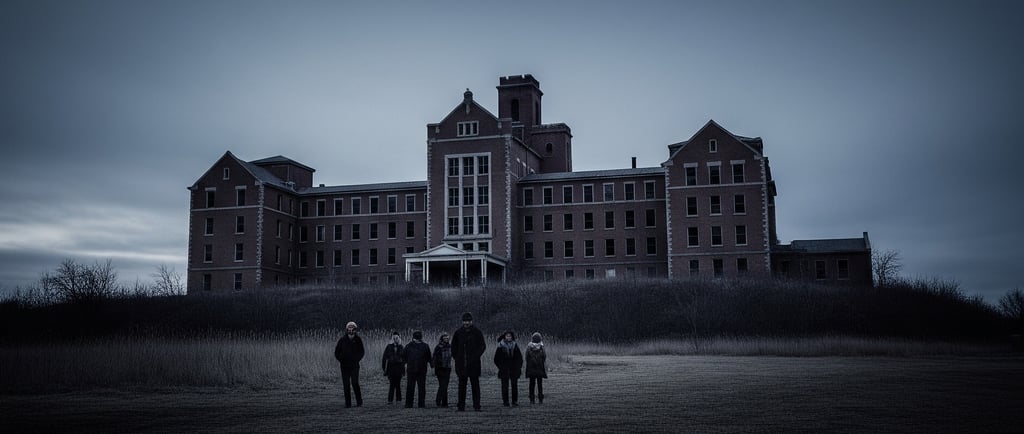 a group of people standing in front of a mental institution 