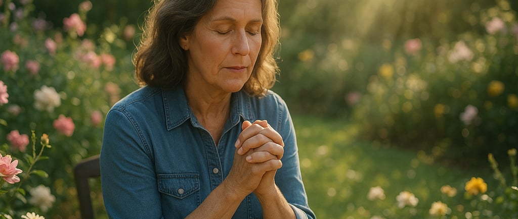 a woman sitting on a bench in a garden praying