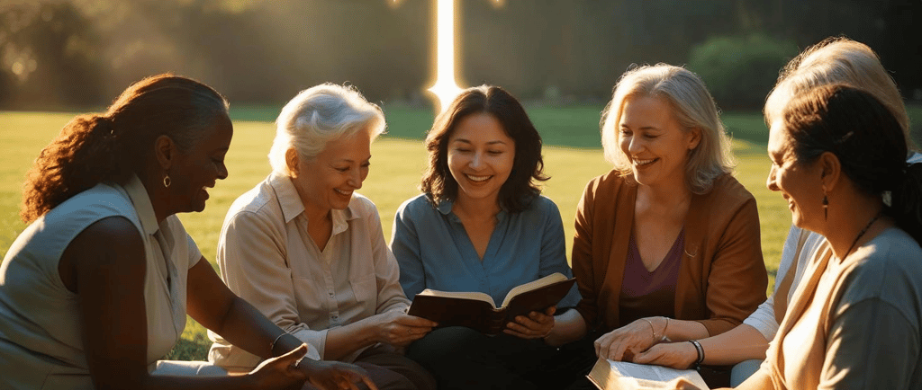 A diverse group of women sitting in a circle outdoors reading the bible