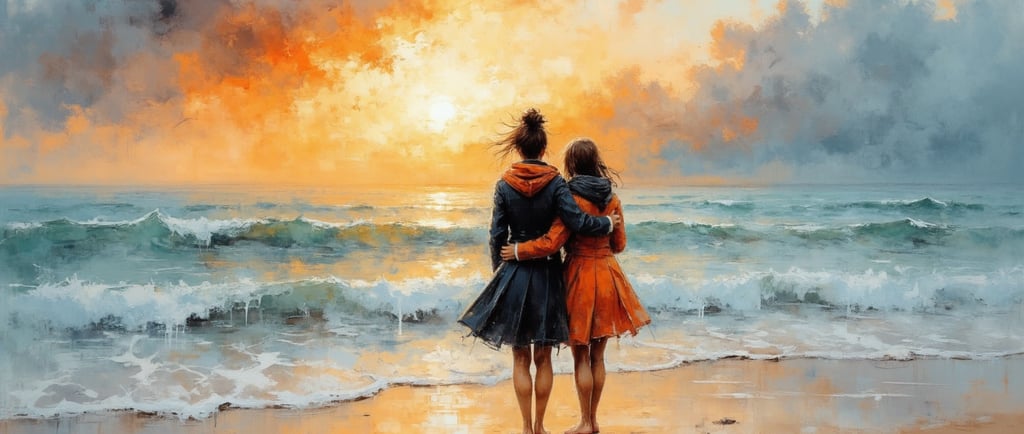 Two people stand on a beach, facing the ocean and sunset with arms around each other