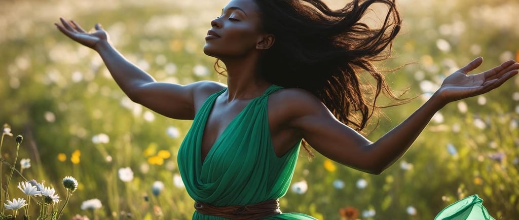 a woman in a green dress standing in a field