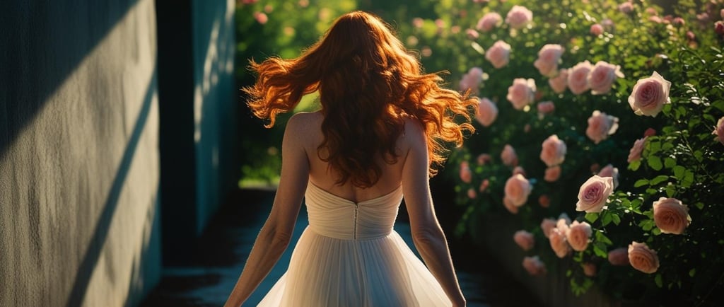 a woman in a white dress walking down a path of roses