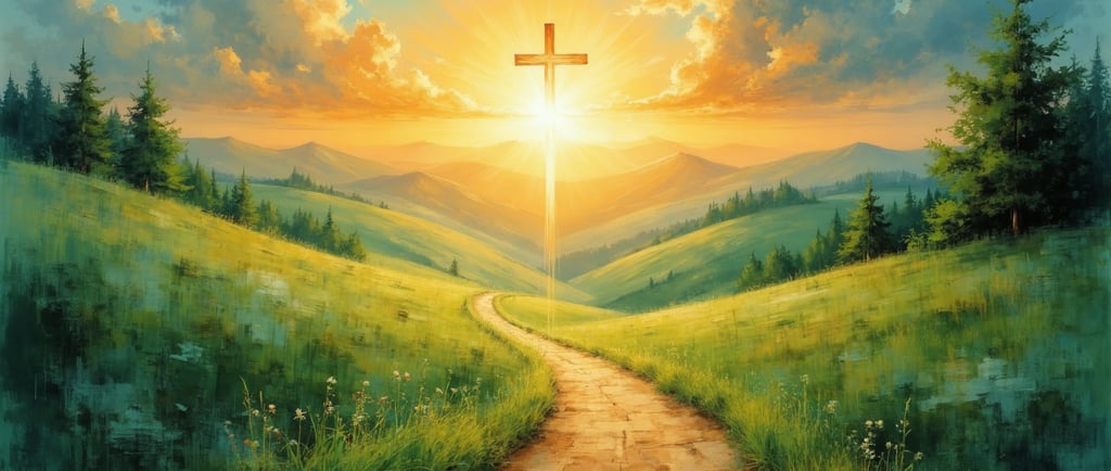 A glowing cross on a hill with a path leading toward it at sunset