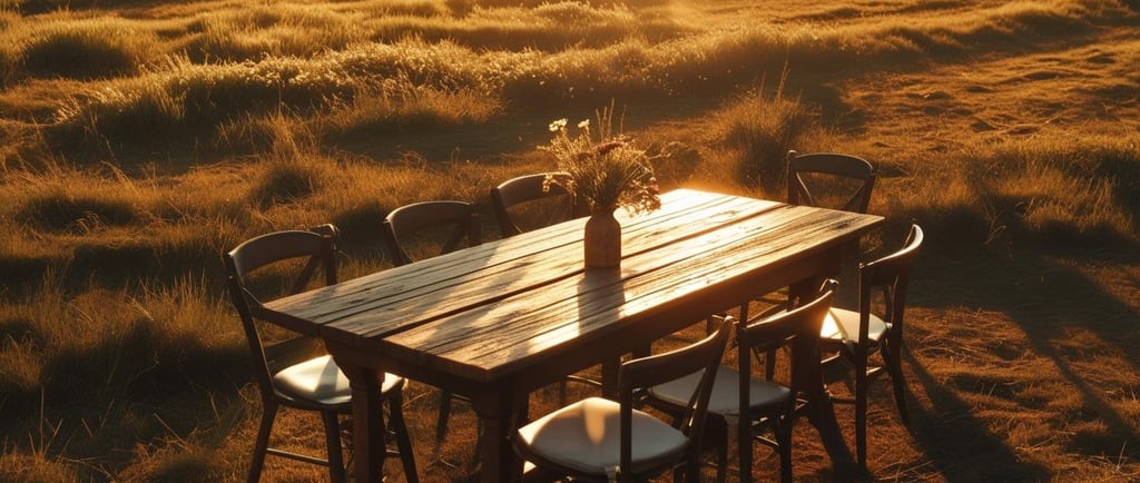 A warm inviting table set in an open field