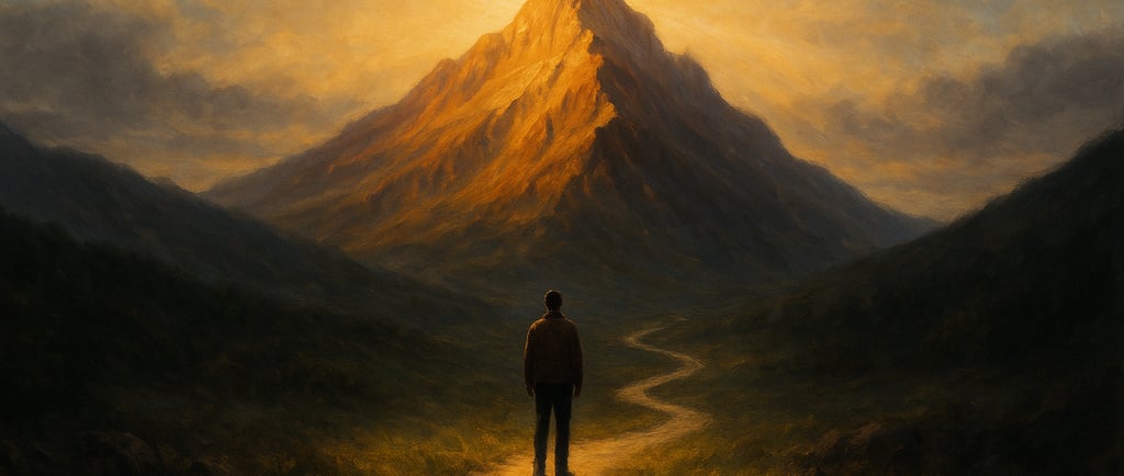 a man standing on a path with a mountain in the background