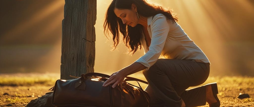 a woman kneeling down to a bag of luggage
