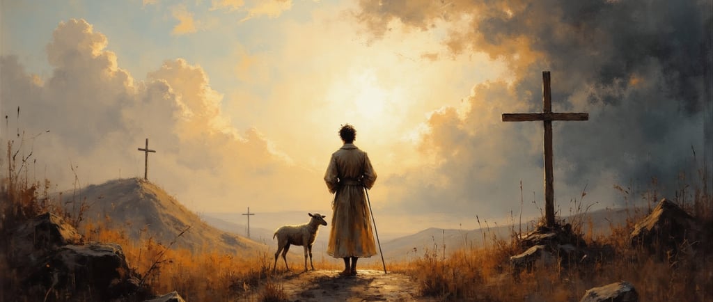 Person with a staff and sheep walking in the valley