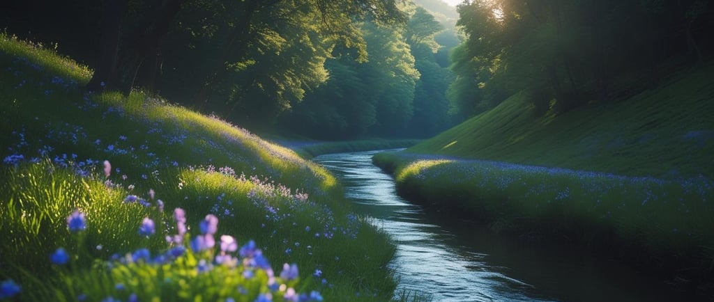 River winding through green hills with purple wildflowers in sunlight.