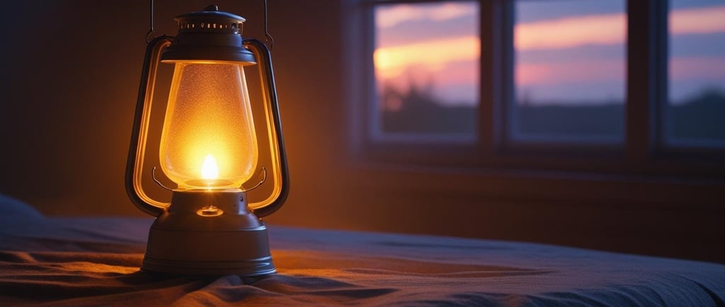 a lantern light up in a bedroom with a window
