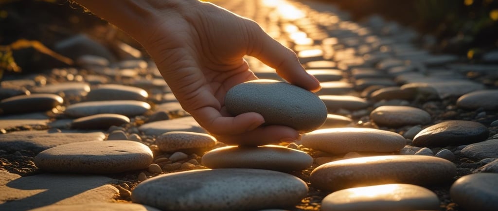 a person holding a stone balancing on a rock