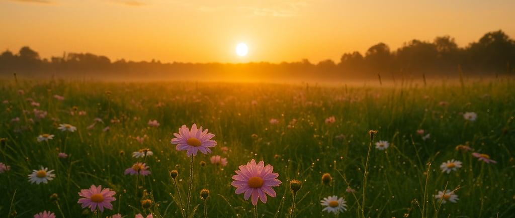 a field with flowers and a sunset in the background