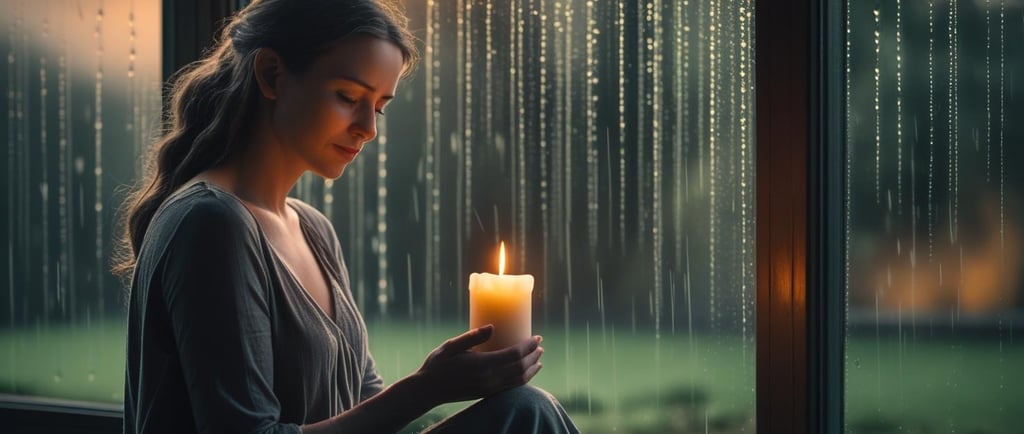 a woman holding a candle in front of a window