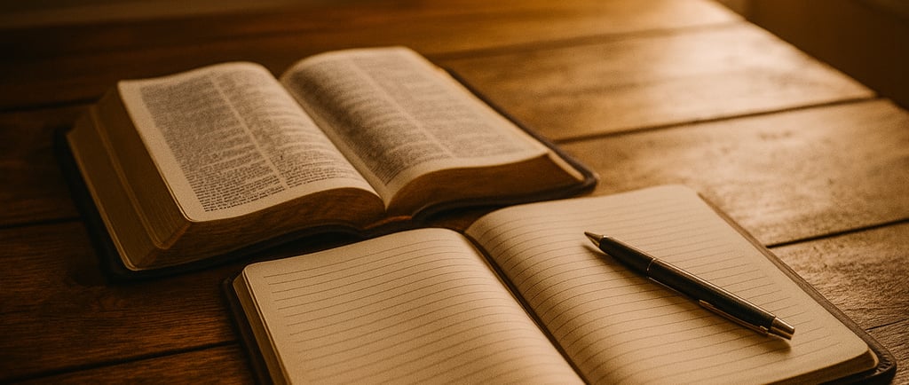 an open notebook, bible, and pen on the table