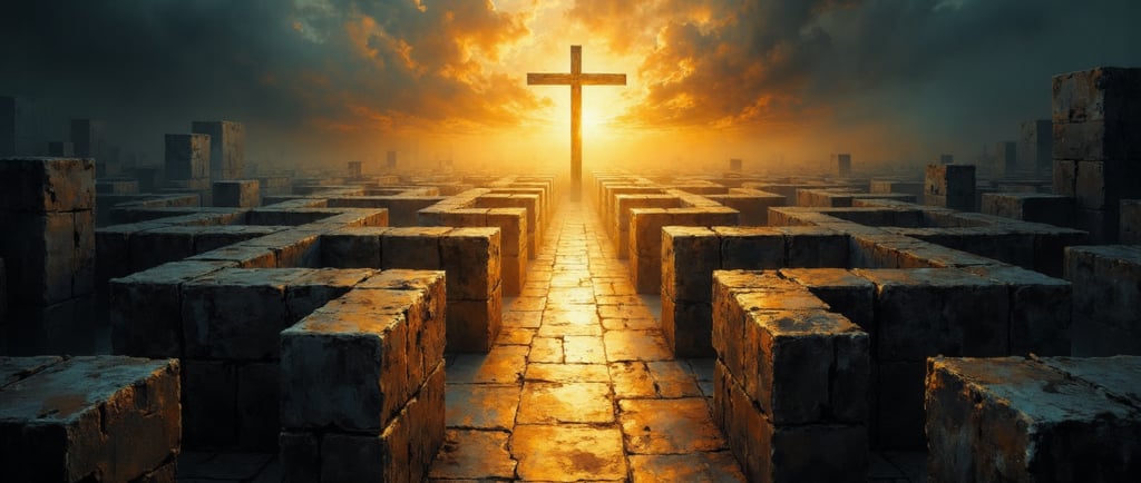 A cross shining brightly at the center of a dark maze
