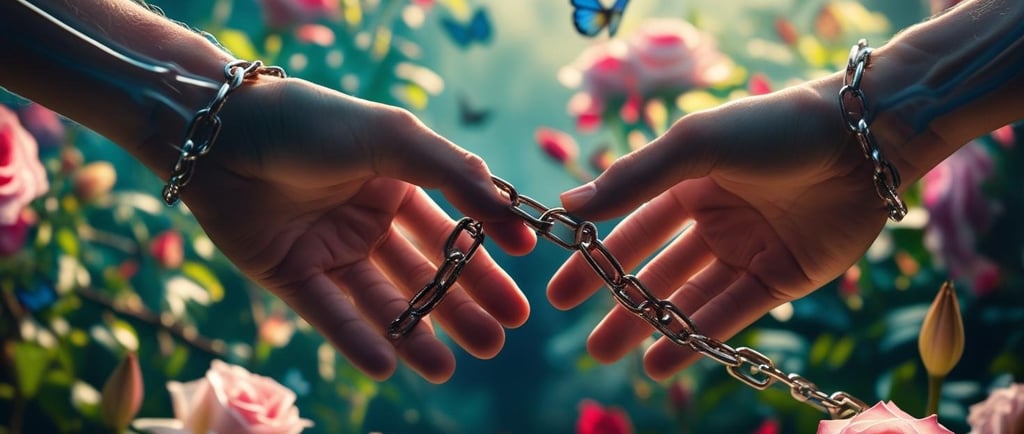 two hands holding chains linked with chains