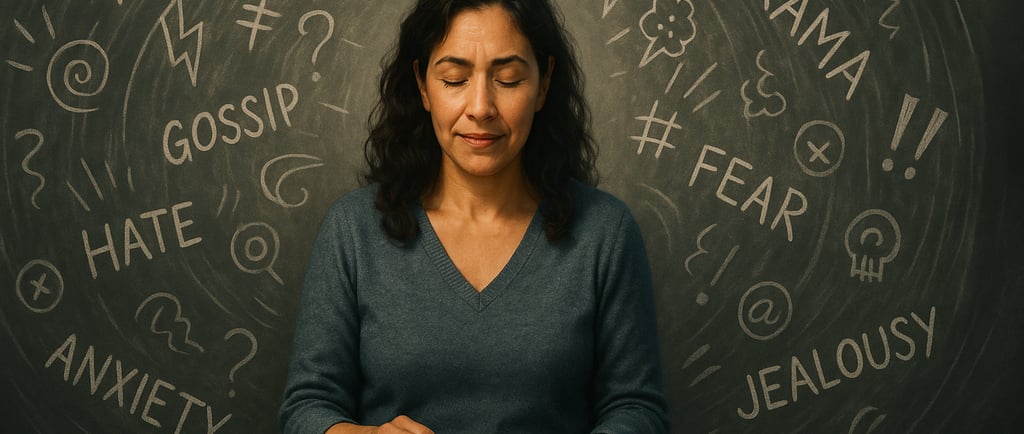 A woman sitting calmly with open Bible in the center of a whirlwind of chaotic words