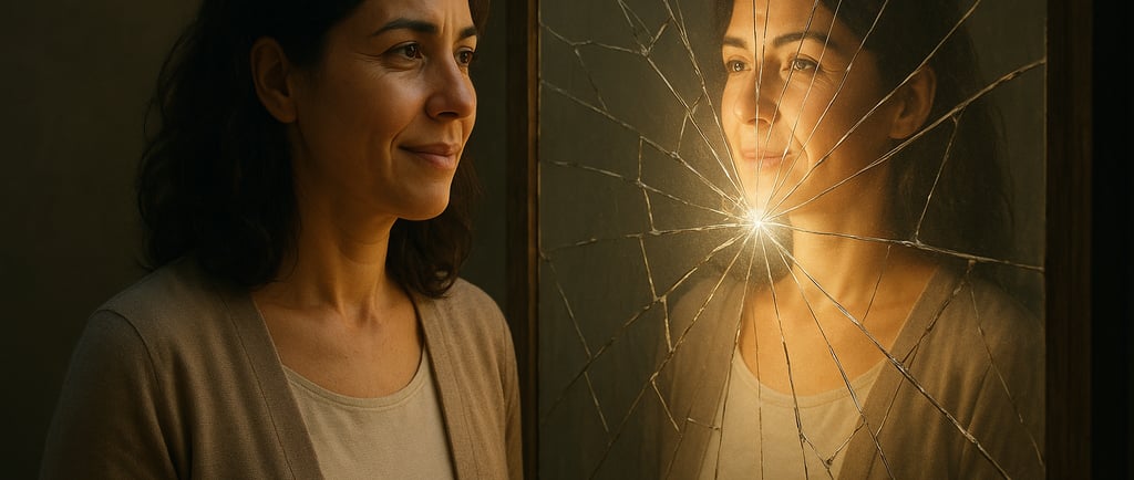 woman looking at her reflection in the broken mirror