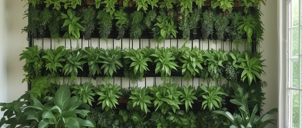 A minimalist interior with wooden shelves on a white wall is shown on the left, and an arched opening leads to a cozy outdoor seating area with patterned tile flooring. A group of people is gathered around a table, browsing their phones, while lush greenery is visible through the opening.