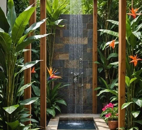 um jardim com cachoeira e plantas tropicais