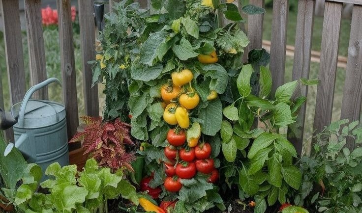 um jardim com uma torre de vegetais e legumes