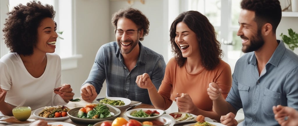 um grupo de pessoas sentadas ao redor de uma mesa com pratos de comida