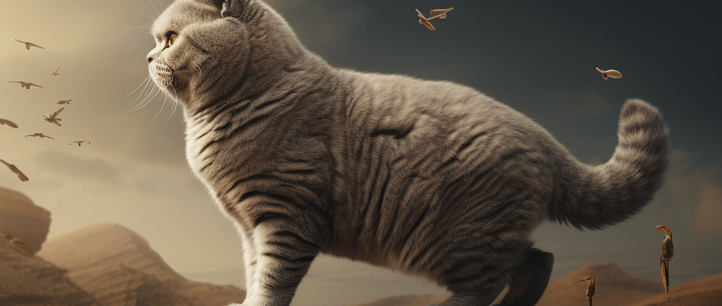 a cat is standing on a ledge with birds flying around