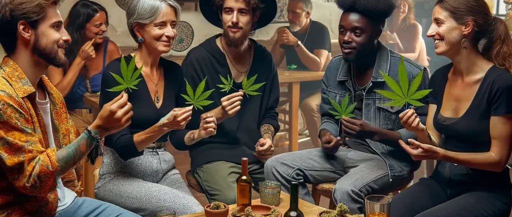 a group of people sitting around a table with marijuana leaf