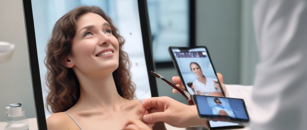 A dermatologist consulting with a patient via video call in a modern office setting.