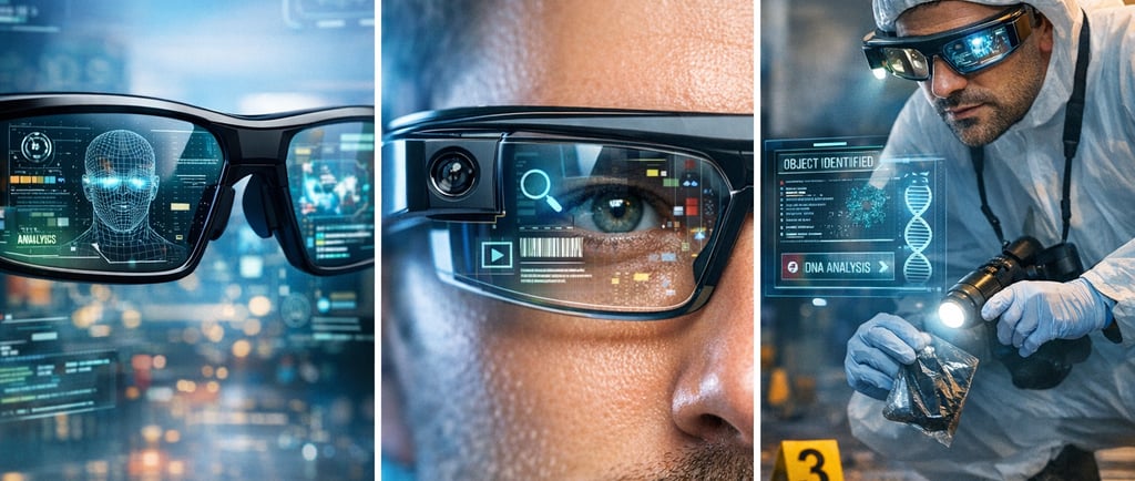 Óculos com inteligência artificial utilizados em perícia criminal, exibindo análise de dados...