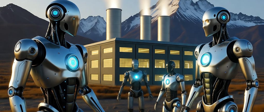 Cuatro robots humanoides frente a una fábrica con chimeneas humeantes y montañas nevadas al fondo.
