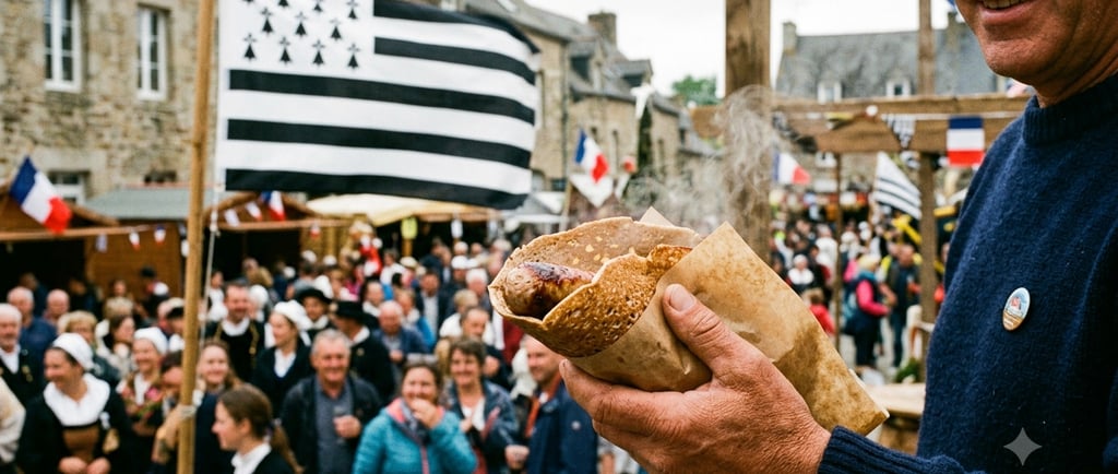 fête bretonne avec le gwenadu et un monsieur tenant une galette saucisse
