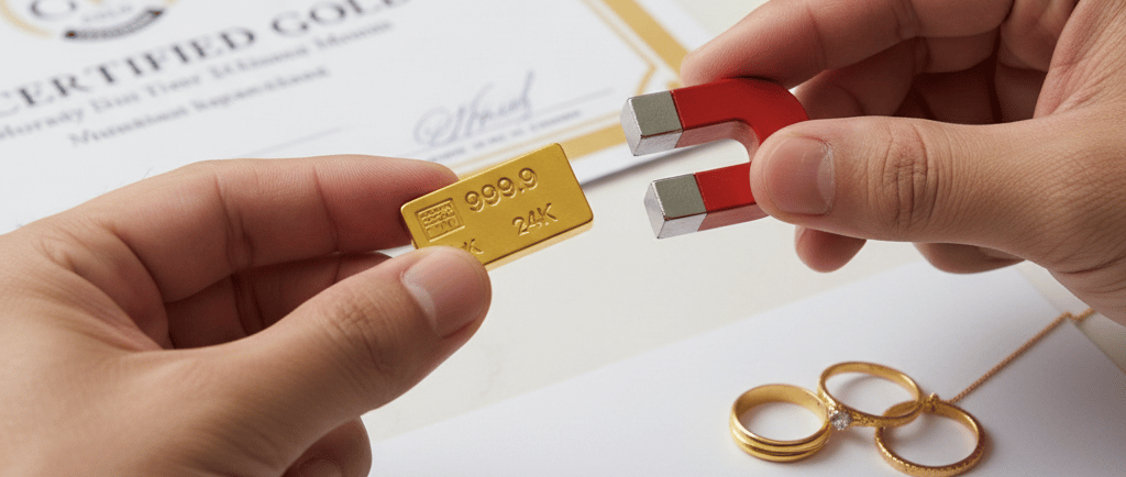 menguji keaslian emas batangan dengan magnet, di samping beberapa perhiasan emas, sertifikat, dan koin emas yang bertumpuk.