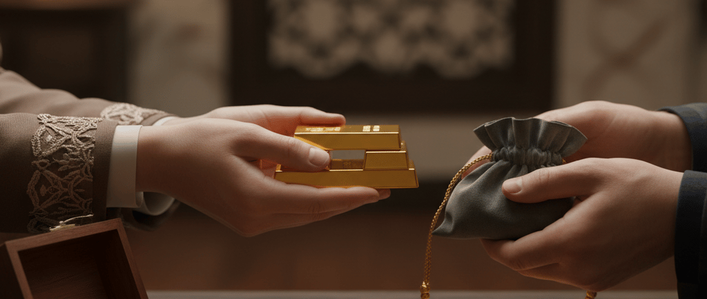Tangan menyerahkan emas batangan, tangan lain memegang kantong, di meja ada koin dan kotak kayu
