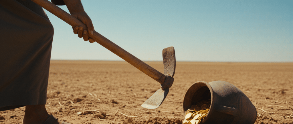 Sebuah guci kuno berisi koin-koin emas yang bersinar