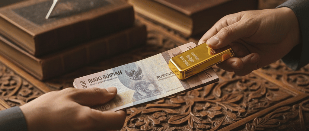 satu tangan memegang uang kertas Rupiah dan tangan lainnya memegang batangan emas kecil