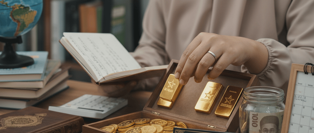 mengelola kotak berisi emas batangan dan koin Marwah Gold di meja kerja untuk perencanaan keuangan.
