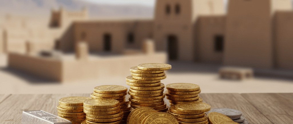 Tumpukan koin emas dan perak di atas meja kayu dengan batangan emas dan perak di latar belakang pedesaan gurun