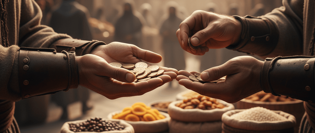 Tangan-tangan bertukar koin emas di atas tumpukan rempah dan biji-bijian di pasar tradisional, menunjukkan transaksi fisik."