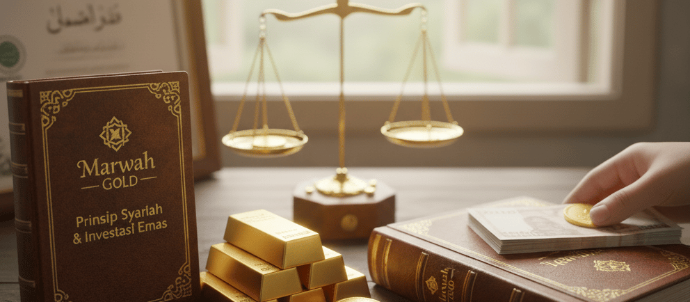 Gambar menunjukkan meja kayu dengan tumpukan emas batangan dan koin, buku berjudul "Marwah Gold", sertifikat, timbangan, dan 