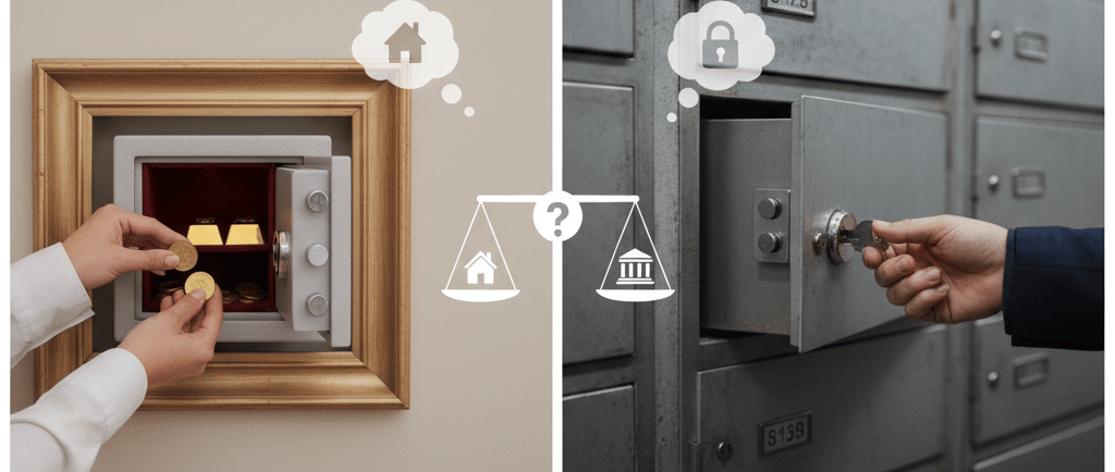 Ilustrasi perbandingan simpan emas di rumah vs. safe deposit box bank.