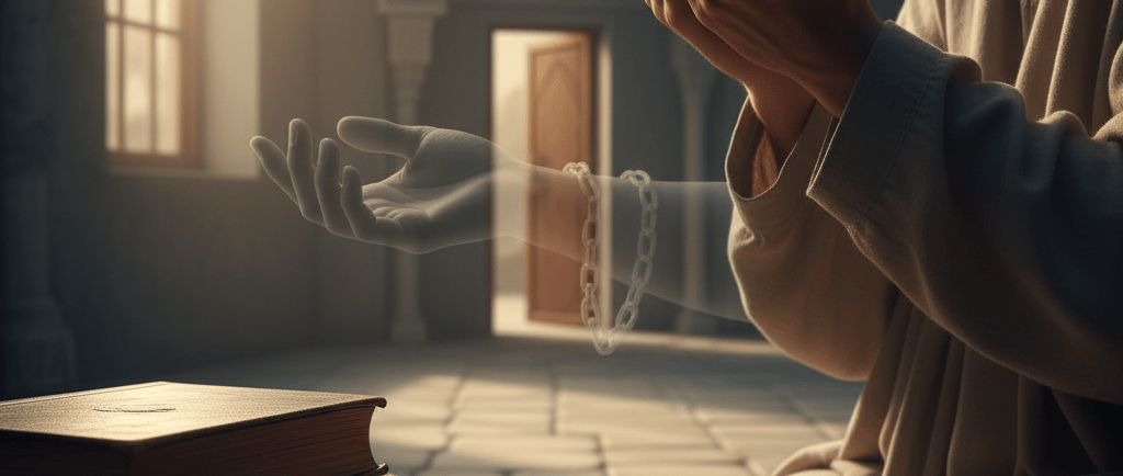 Pria berdoa di samping buku-buku agama dengan rantai transparan.