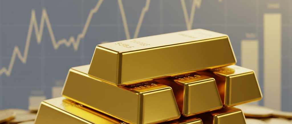 Batangan dan koin emas dengan grafik ekonomi di latar belakang.