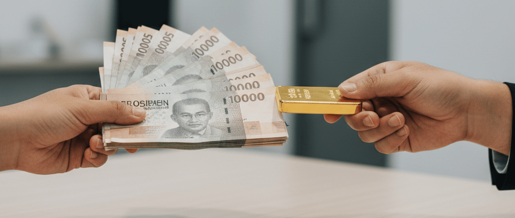 Pertukaran tunai uang Rupiah dengan emas batangan murni dalam transaksi syariah.