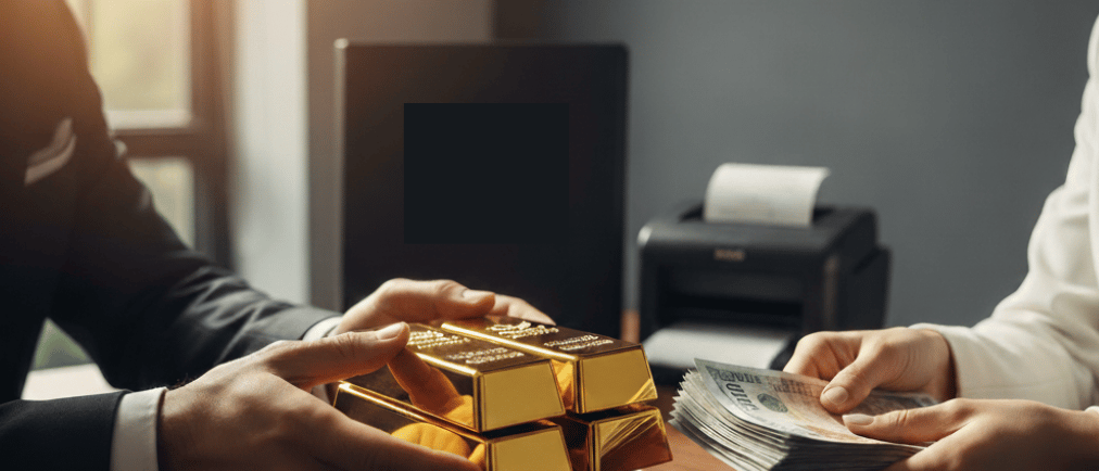 Gambar close-up transaksi emas tunai yang menunjukkan serah terima fisik (yadan bi yadin)