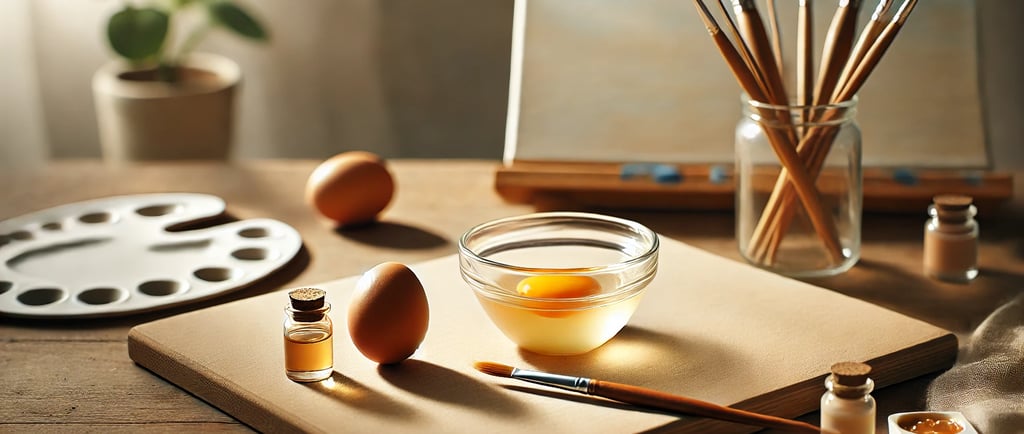 Temple de juevo con barniz, a painting palette and a paintbrush on a table